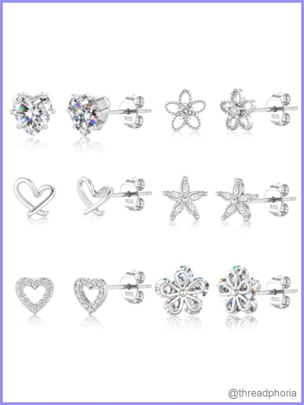 14k White Gold Plated Sterling Silver Stud Earrings Set CZ Hypoallergenic 6